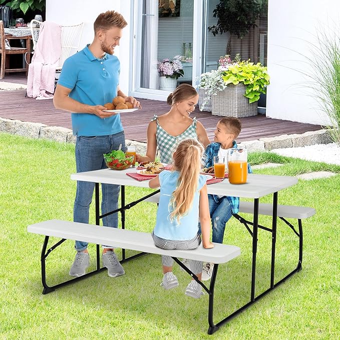 GYMAX Picnic Table, 550 LBS Folding Picnic Tables with Benches & Seats, Weather-Resistant Easy Setup Portable Picnic Table, Wood-Like Foldable Picnic Tables for Outdoors Patio Deck Party BBQ (White)