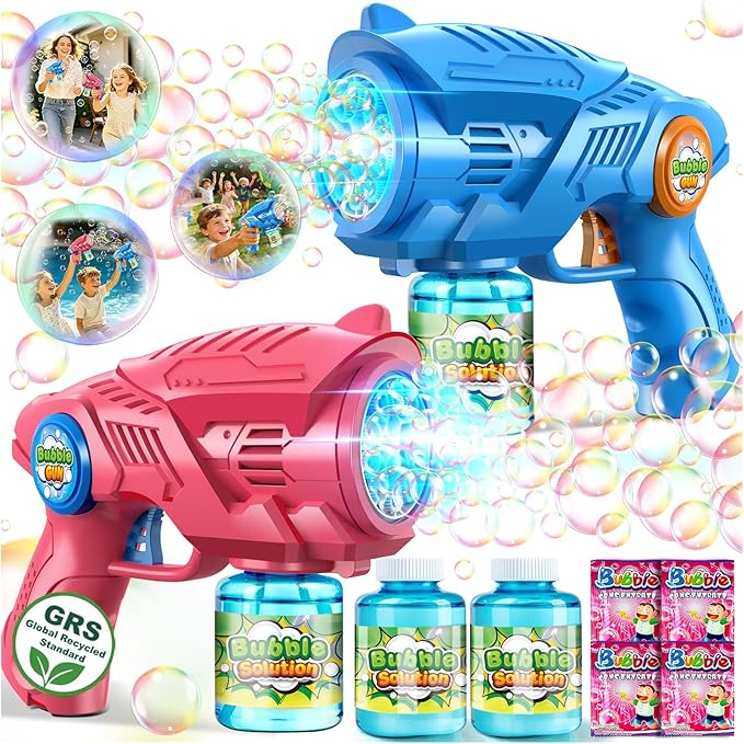 Bubble Gun Mchaine Toys for Kids: Automatic Bubble Blaster with 2 Bottles Refill Solution - Bubble Maker for 3-8 Year Old Boy Girl Kids, Outdoor Toys for Easter Birthday Wedding Party Gift (Blue, Red)