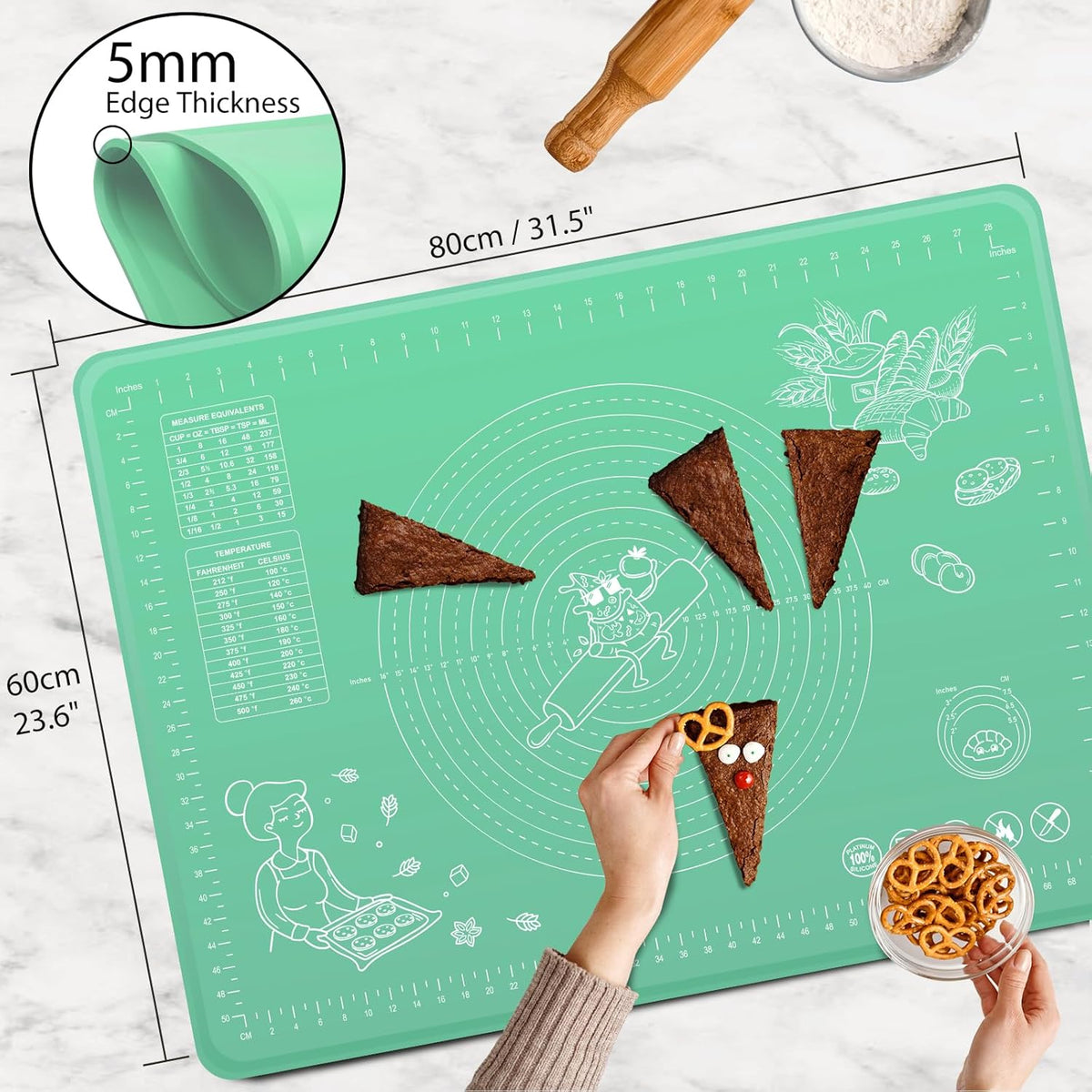 Silicone Pastry Mat 32" x 24" Extra Thick Non Stick Baking Mat with Measurements and Edge Heightening, Food Grade Silicone Rolling Mat for Pastry