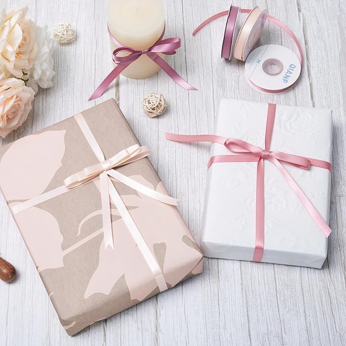 QIANF Dusty Rose Double Face Satin Ribbon 3/8 Inch x 45 Yards Champagne Pink/Rose Gold/Mauve Fabric Ribbon for Gift Wrapping, Flower Bouquets, Bows Making, Wedding Decor (3 Rolls *15Yd)