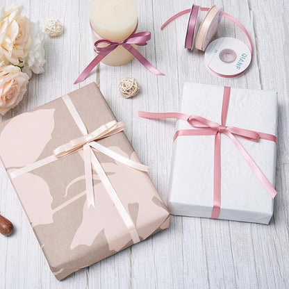 QIANF Dusty Rose Double Face Satin Ribbon 3/8 Inch x 45 Yards Champagne Pink/Rose Gold/Mauve Fabric Ribbon for Gift Wrapping, Flower Bouquets, Bows Making, Wedding Decor (3 Rolls *15Yd)