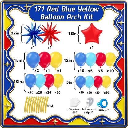 Cartoon Balloon Garland Arch Kit 171pcs with 4D Star Gold Long Balloons, Red Blue Yellow Balloons Arch Kit for Birthday Baby Shower Carnival Circus Hedgehog Super Hero Gamer Theme Party Decor