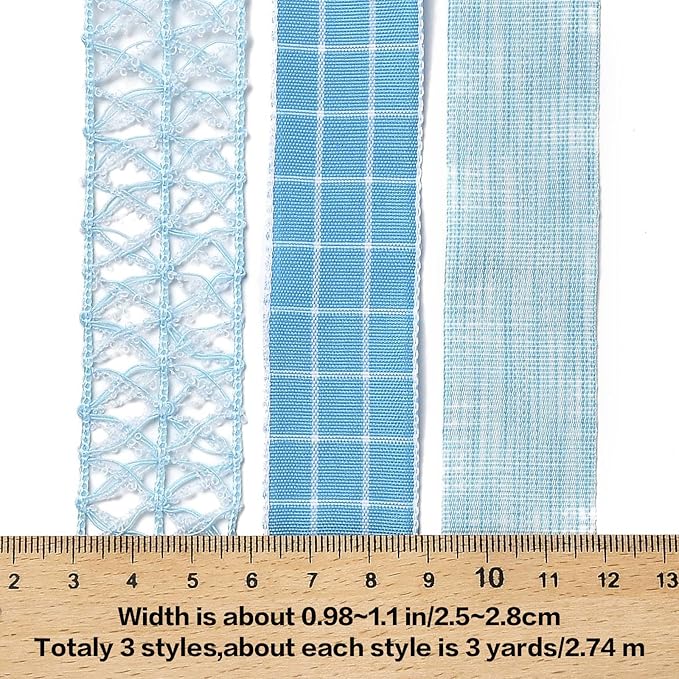 BEEFLYING 3 Styles Light Blue Wire Edged Polyester Ribbons for Gift Wrapping Decoration 25~28mm×2.7m Organza Lace Fabric Ribbons for Wedding Party HairBows,Flower Designs Sewing and Craft, 9 Yards