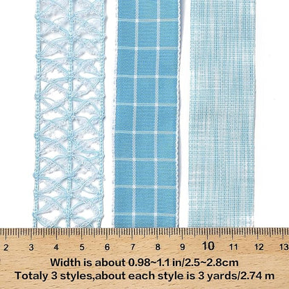 BEEFLYING 3 Styles Light Blue Wire Edged Polyester Ribbons for Gift Wrapping Decoration 25~28mm×2.7m Organza Lace Fabric Ribbons for Wedding Party HairBows,Flower Designs Sewing and Craft, 9 Yards