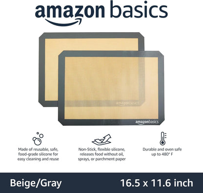 Silicone Rectangular Baking Mat, Non-Stick Reusable Oven Bakeware, 16.5" x 11.6", New Beige/Gray, Pack of 2