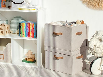 StorageWorks Fabric Storage Bins with Lid, Decorative Storage Boxes for Shelves, Stackable Closet Organizer Basket with Handles, Jumbo, Brown and Beige, 2-Pack