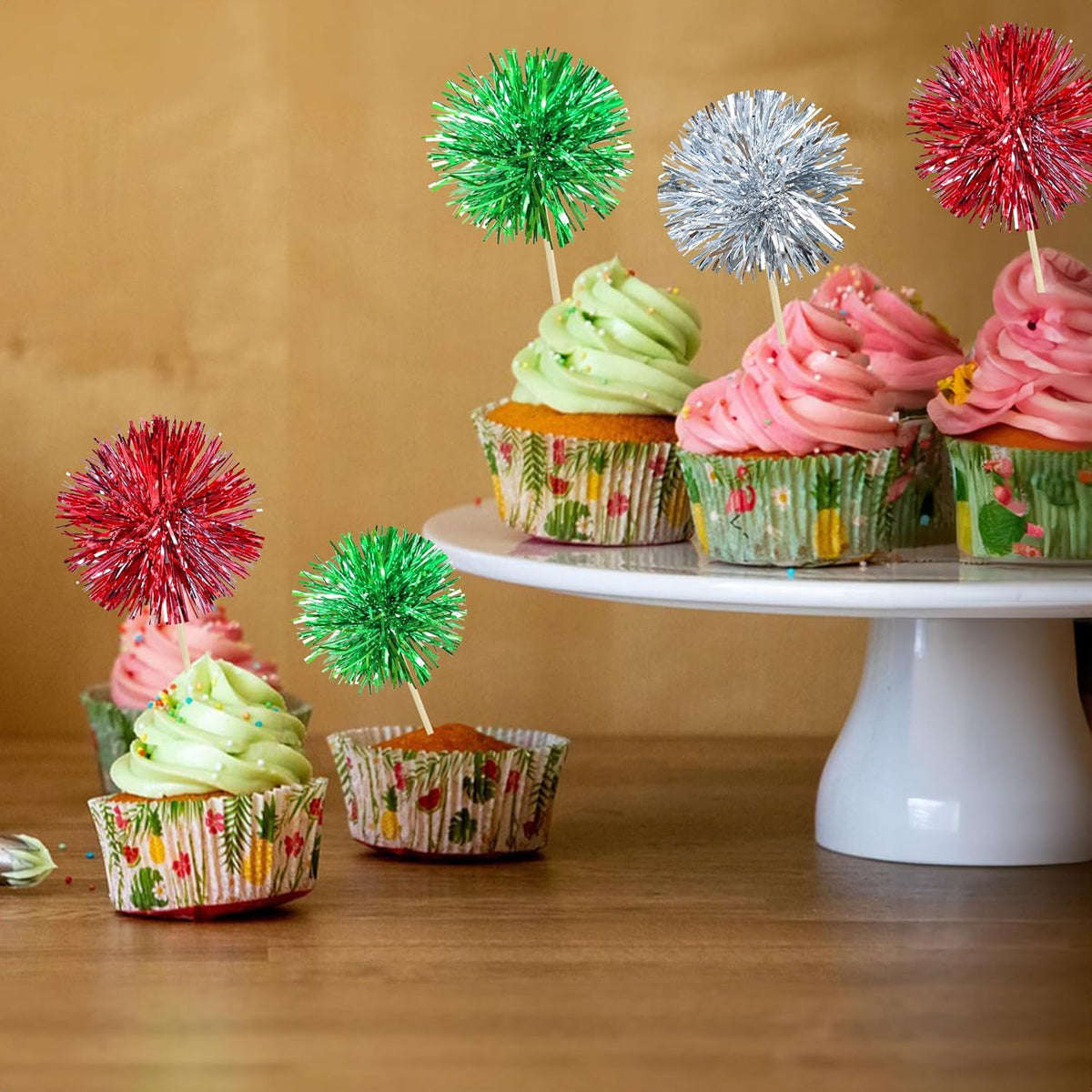 Gyufise 30Pcs Foil Firework Cupcake Toppers Sparkle Tinsel Cake Toppers Tinsel Drink Cake Decoration Cocktail Picks for Birthday Wedding Graduation Party Supplies Silver Green Red