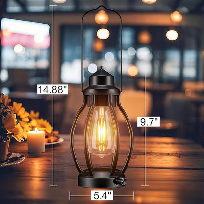 Rechargeable Outdoor Camping Lanterns 2Pack, Vintage Dimmable Hanging Outdoor Lanterns with Timer, Waterproof Battey Powered Indoor Table Lamps for Patio, Garden, Porch Decorations