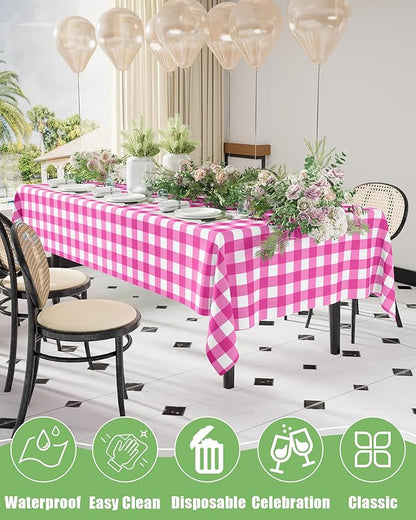 Smiry 20 Packs Gingham Disposable Table Cloth, 54 x 108 Inch Waterproof Plastic Tablecloth, Rectangle Hot Pink and White Checkered Table Covers for Picnic, Birthday, Party