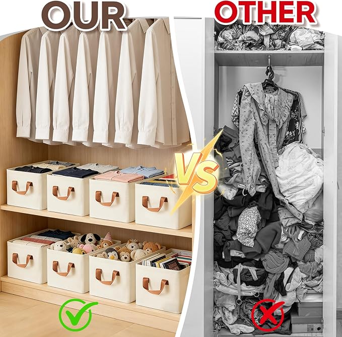 VZZNN 10 Pack Fabric Storage Bins for Shelves, Medium Closet Organizer Baskets with Sturdy Handles, Collapsible Clothes Bins for Closet Organization, Beige 15"x10"x8"