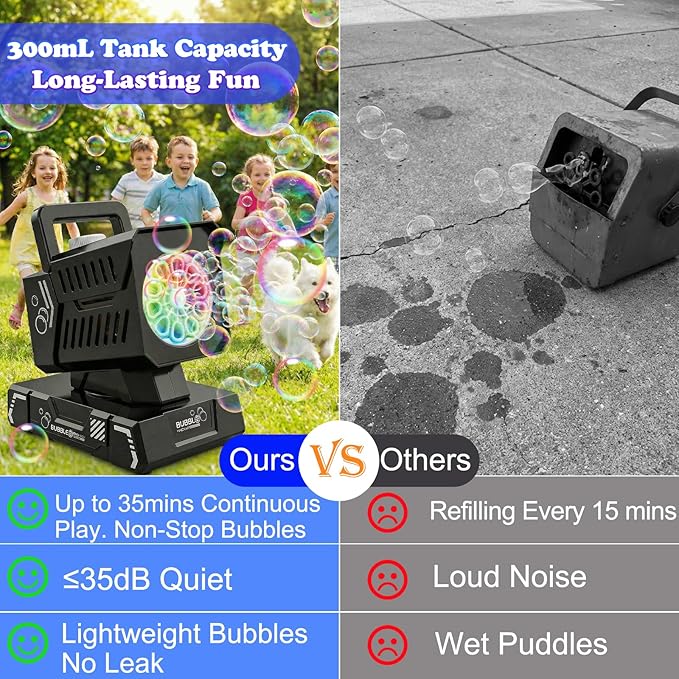 Bubble Machine for Kids, Rechargeable Bubble Maker with Remote & RGB Lights, Automatic Rotating Battery Bubble Blower for Birthday Parties, Weddings, Outdoor Activities, Pets