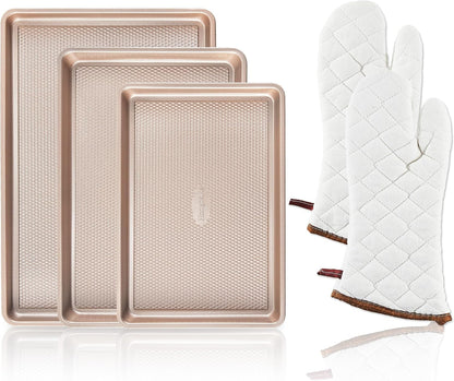 3 Pack Gold Nonstick Baking Sheet Pan Set with Oven Mitts Heat Resistant, Non-Toxic Half/Quarter/Jelly Roll Pans with Diamond Texture Pattern, Heavy Duty 0.8mm Thick Cookie Trays for Cooking