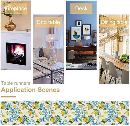 Lemon Table Runner, Summer Hummingbirds Flower Bows Print Table Runner for Farmhouse Coffee Home Kitchen Dining Outdoor Party 13x120in