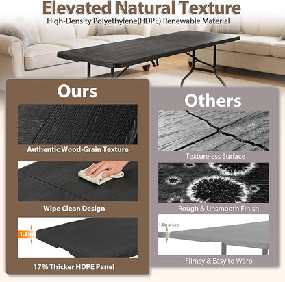 SUPER DEAL 8FT Folding Picnic Table for Indoor Outdoor, Portable Fold-in-Half Plastic Dining Camping Party Table with Carrying Handle, Black