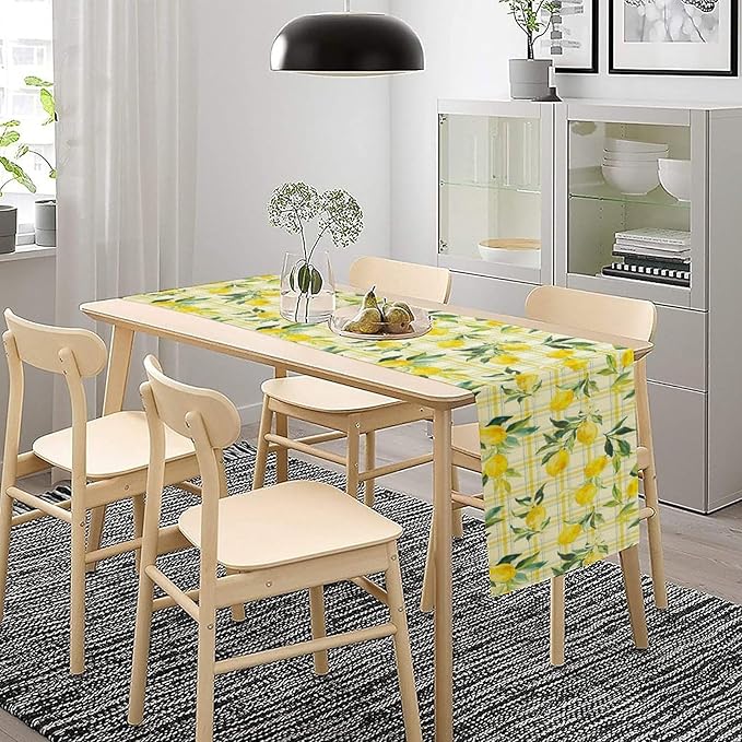 Yellow Plaid Lemon Table Runner Nature Watercolor Plant Countryside Farm Fruit Aesthetic Dining Table Decoration for Home Holiday Party Dresser Kitchen Cabin Restaurant Wedding Decor 13×120in