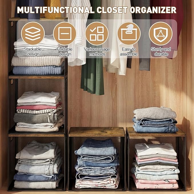 AceOrbit 3 Pcs Widened Stackable Closet Organizers and Storage with Wood Top Foldable Metal Cube Closet Shelf DIY Space Saving Linen Clothes Shoes Bed Sheet Bin for Wardrobe Bedroom Living Room Pantry
