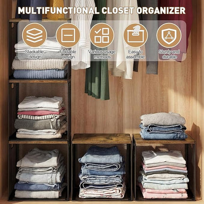 AceOrbit 3 Pcs Widened Stackable Closet Organizers and Storage with Wood Top Foldable Metal Cube Closet Shelf DIY Space Saving Linen Clothes Shoes Bed Sheet Bin for Wardrobe Bedroom Living Room Pantry