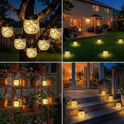 4 Pack Small Solar Lanterns Outdoor Waterproof, Cracked Glass Hanging Globe Lights for Backyard Patio Garden Pathway Balcony and Table Decor, Warm White- Gifts for Women Mom Homeowners