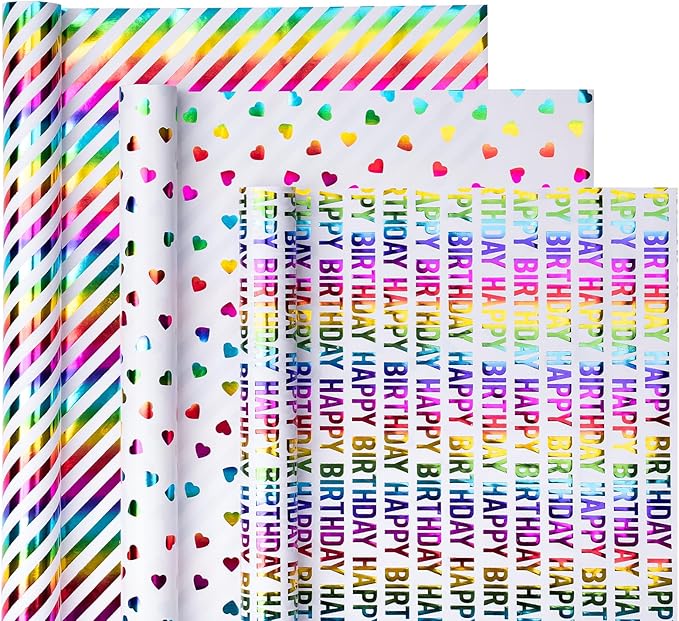 WRAPAHOLIC Heart Wrapping Paper Roll - Mini Roll - 3 Rolls - 17 inch x 120 inch Per roll - Colorful Foil Birthday Wrapping Paper for Valentine's Day, Kids Girls Birthday, Baby Shower