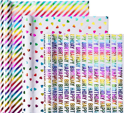 WRAPAHOLIC Heart Wrapping Paper Roll - Mini Roll - 3 Rolls - 17 inch x 120 inch Per roll - Colorful Foil Birthday Wrapping Paper for Valentine's Day, Kids Girls Birthday, Baby Shower