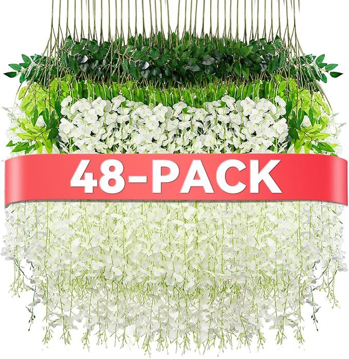 Alotiki Wisteria Hanging Flowers,48 Pack Fake Hanging Flowers,Wisteria Artificiales Garland for Home Wedding Arch Floral Party Garden Ceremony Outdoor Decor,3.6 Feet Long(48,White)