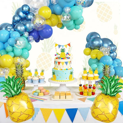 Amandir 165Pcs Cartoon Blue and Yellow Balloons Arch Garland Kit, Teal Metallic Blue Yellow Flower Printed Clear Pineapple Balloons for Cartoon Birthday Shower Ocean Sea Party Backdrop Decorations