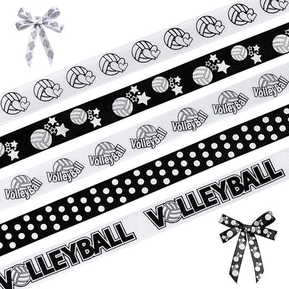 Volleyball Ribbons 5 Rolls 20 Yards, 5/8" Black White Grosgrain Cute Sports Volleyball Ribbons for Gift Wrapping Making Hair Bows Sports Theme Party Decor