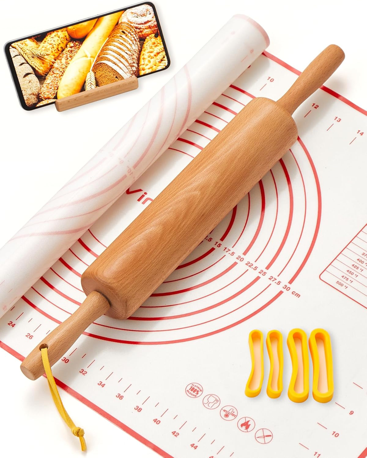 Classic Wood Rolling Pin, 17" Rolling Pins for Baking with Silicone Mat and Adjustable Thickness Rings, Pasta Roller with Wood Base