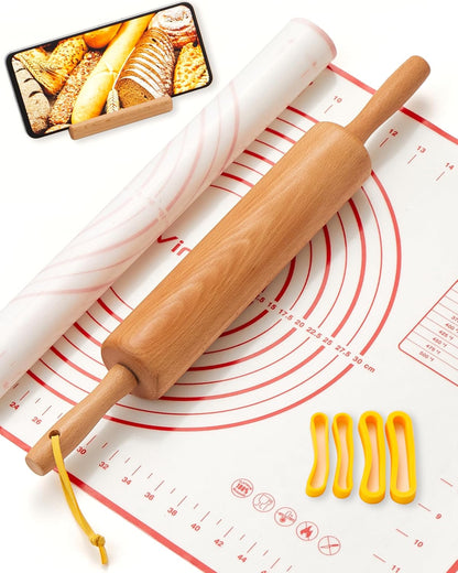 Classic Wood Rolling Pin, 17" Rolling Pins for Baking with Silicone Mat and Adjustable Thickness Rings, Pasta Roller with Wood Base