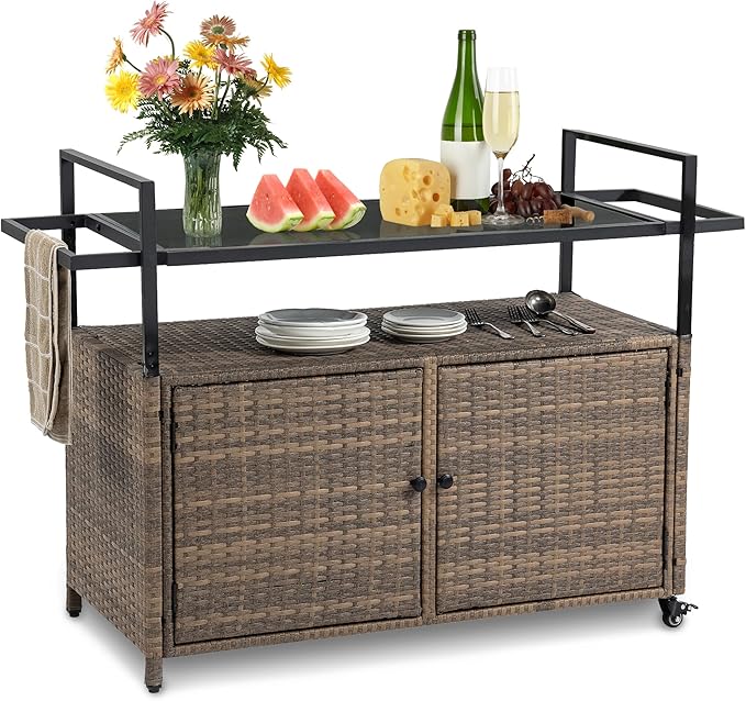Wicker Outdoor Bar Cart - Brown Patio Console Storage Table Buffet Cabinet Serving Kitchen Cart with Wheels for Outside Backyard