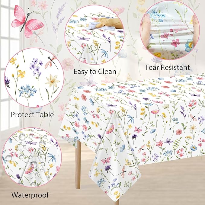 Homanu 6 Pack Wildflower Party Decorations Tablecloths, Large Size 54 X 108 Inch Rectangle Floral Tablecloth Plastic Table Cover for Birthday Party Baby Shower Decorations