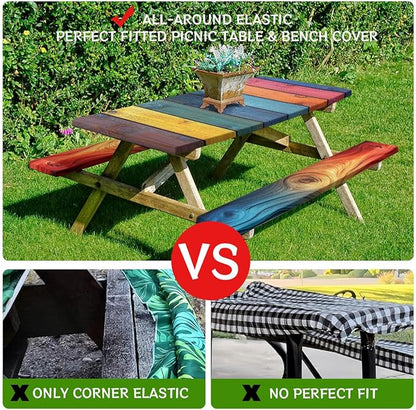 Wood Grain Picnic Table Cover with Bench Covers and Carrying Bag, Rustic Vintage Colorful Rainbow Stripes Rectangle Table Cover, Outdoor Patio Camping Essentials 6FT 4PCS, Camping Fitted Tablecloth