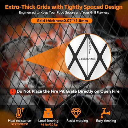 X-Marks Fire Pit Cooking Grill Grate with Support X Wire - Heavy Duty Folding Round Campfire Grill Grid - Portable Camping Cookware for Outside Party Gathering - 36 inch