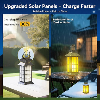 2 Pack 13" Bronze Solar Lantern with Flickering Flame Candle | Outdoor Waterproof Hanging Lanterns, Metal & Glass Solar Lights for Garden Decoration, Rustic Gifts for Mom