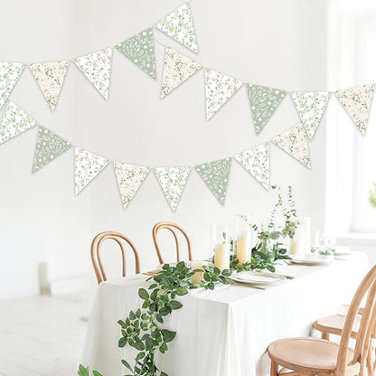 3pcs Sage Green Floral Triangle Bunting Banners Garland, Boho Wildflower Pennant Flags for Baby Shower Bridal Shower Wedding Birthday Party Garden Home Decor