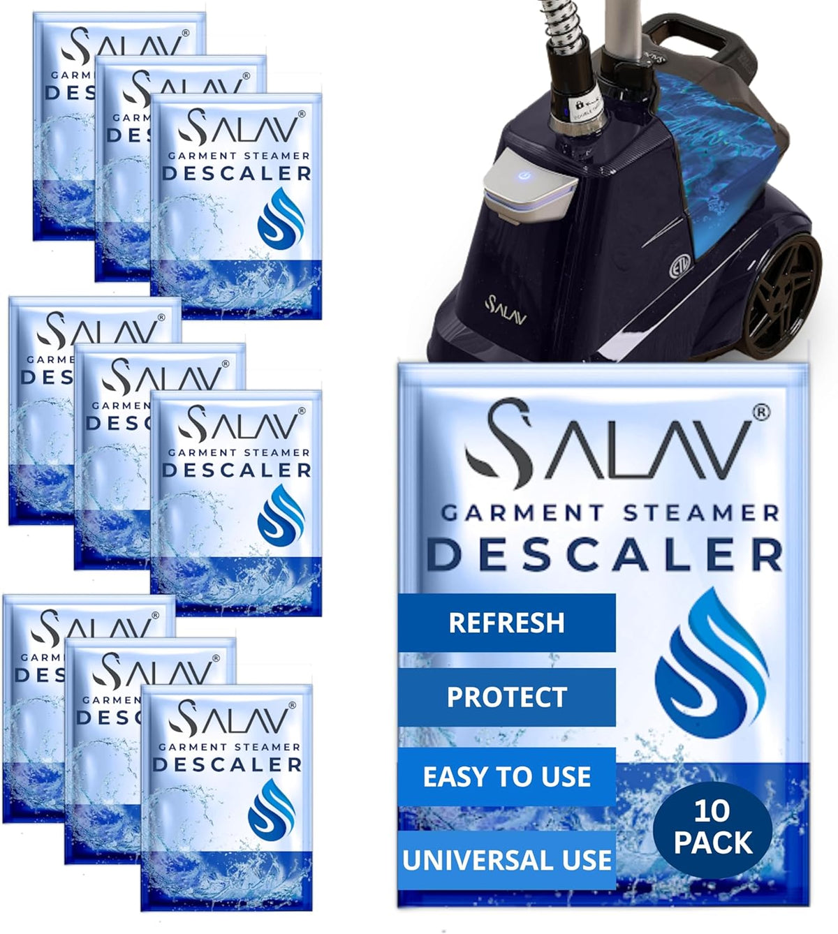 Garment Steamer Descaling Solution Decalcifier Packets for Mineral Deposits and Build-up Removal, Maintenance for Clothes, Works with all Garment Steamer Brands, Cleans Build Up, 10 packs