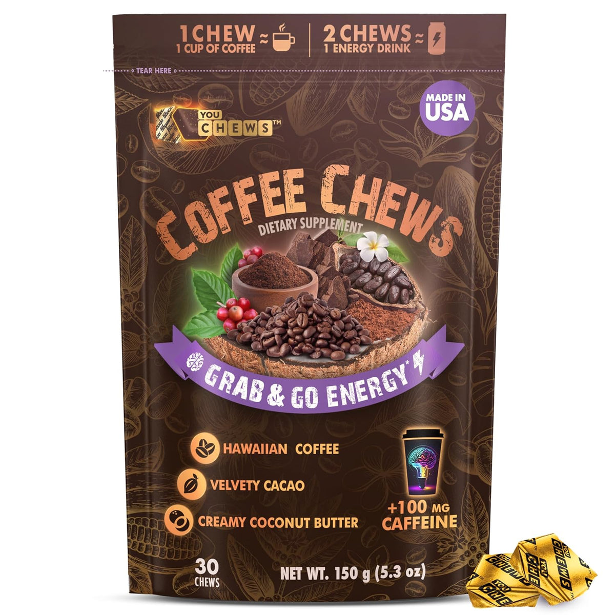 YouChews Coffee Chews - Grab & Go Energy with 100mg per Chew of Clean, Green Caffeine. With Real Organic Ingredients, Low Sugar