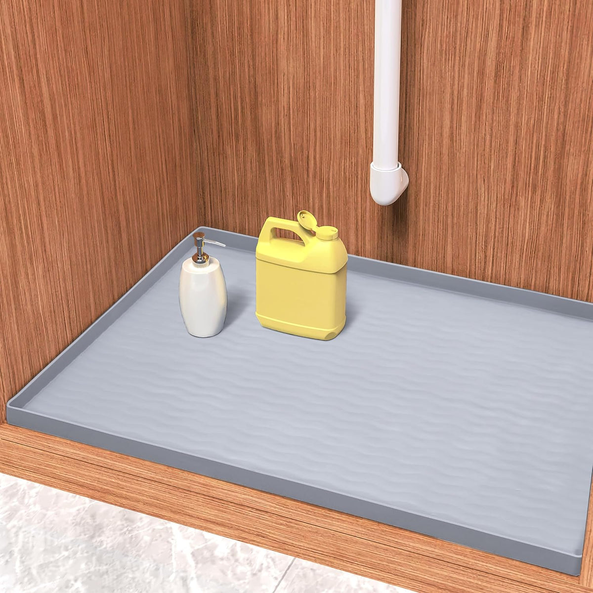 URMONA Waterproof Silicone Under Sink Mat 34'' x 22'' Shelf Liner for Kitchen and Bathroom, Cabinet and Counter Protector, Storage and Organizers, Litter Mat, Pet Cat Puppy Essentials(Light Grey 1pcs)