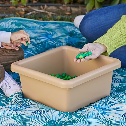 ECR4Kids Stackable Square Bins with Non-Snap Lids, Multipurpose Organization, Sand, 2-Pack
