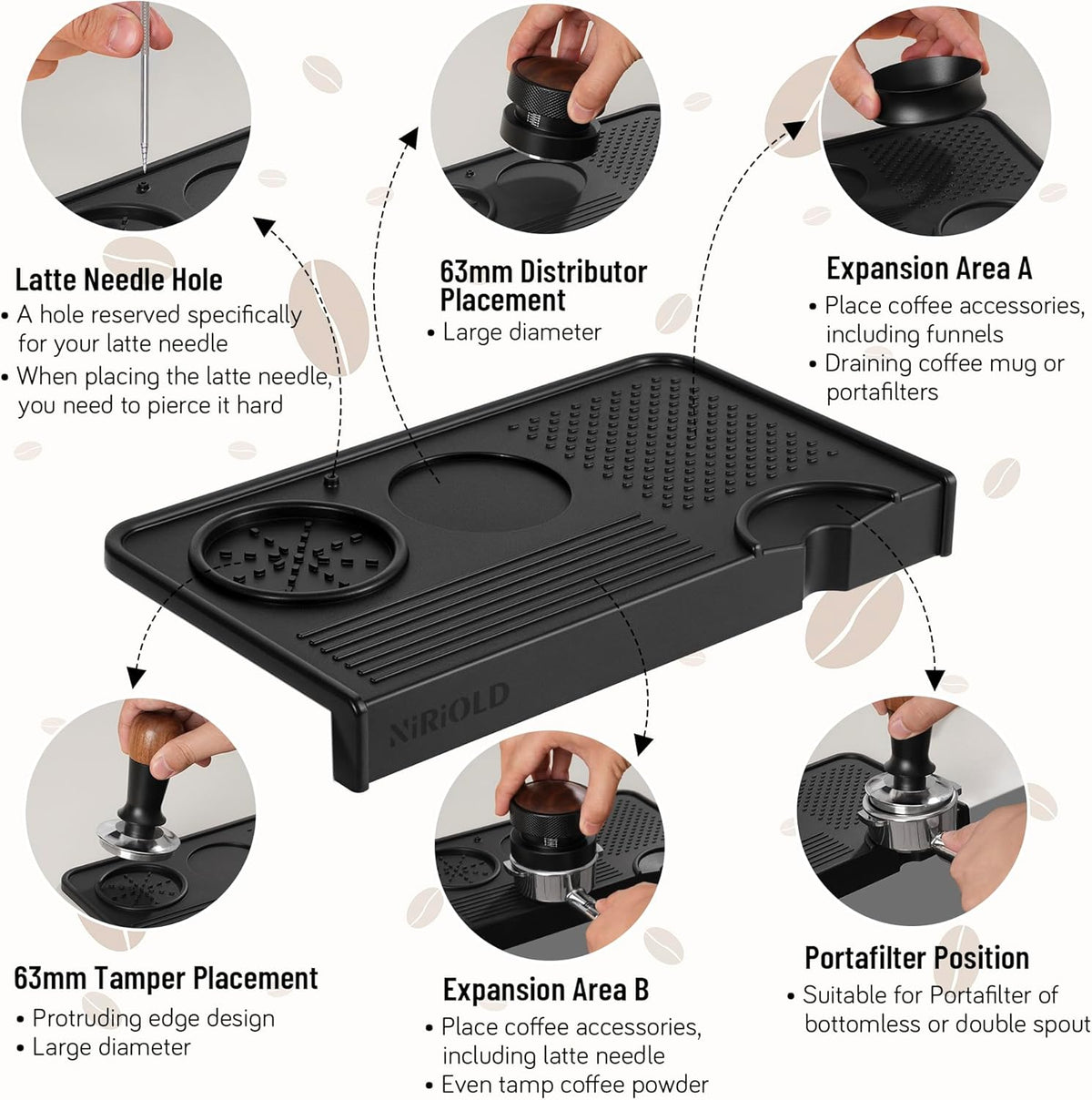 Espresso Tamping Mat, Coffee Tamper Mat, Food Grade Silicone 10.43″×5.63″ Portafilter Mat for Barista Espresso Machine Acceessories, Waterproof Heat Resistant Tamp Station for counter (Black)