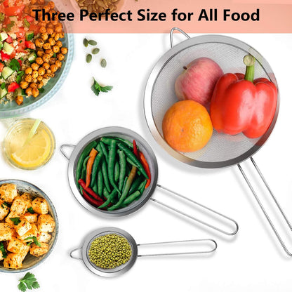 3Pcs Super Wire Extra Fine Mesh Strainer with Handle, Small Medium Large Size Sifter Metal Strainer Set
