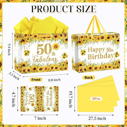50th Birthday Gift Bag for Women Sunflower 50 and Fabulous 50th Birthday Bag with Wrapping Paper and Card Sunflower 1976 Birthday Gift Wrap Paper Bags for Mom 50 Years Old Bday Anniversary Supplies
