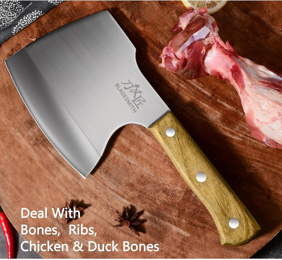 Bladesmith Meat Cleaver Butcher Axe Bone Chopper Heavy Duty - 6.3'' Bone Cutting Knife Bone Breaker, Stainless Steel Thicken Blade & Pear Wood Handle