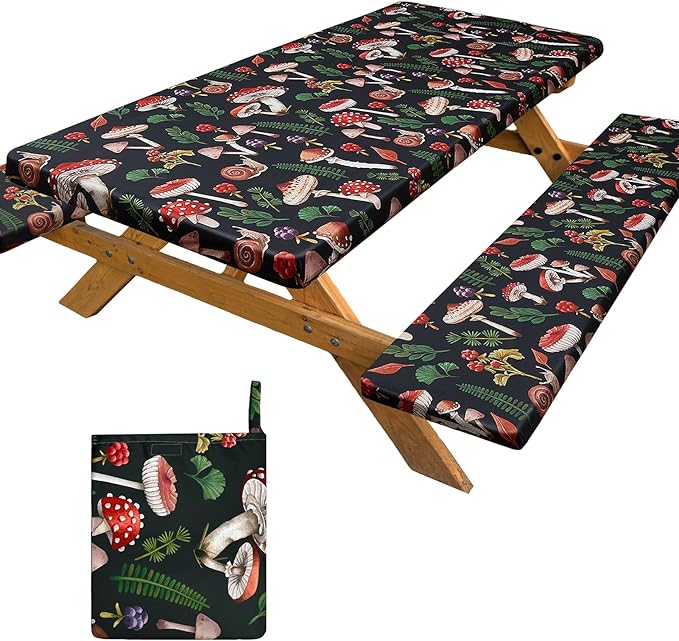 Picnic Table Cover with Bench Covers Portable Table Cloth Built-in Storage Pocket Picnic Table Covers With Elastic Waterproof Camping Essentials for RV Camping