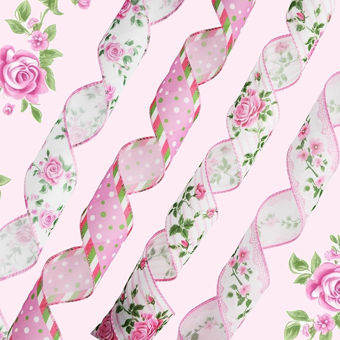 4 Rolls Pink Rose Floral Wired Edge Ribbon – 2.5 Inch, 5 Yards Each, Summer Grosgrain Set for Wedding Decor, Gift Wrapping, DIY Crafts