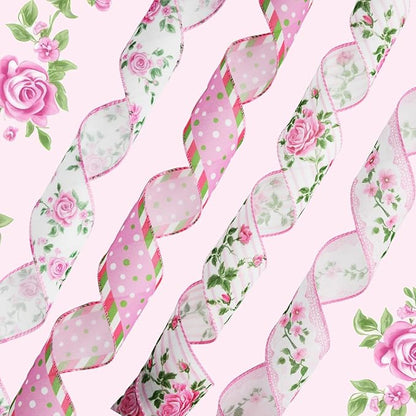 4 Rolls Pink Rose Floral Wired Edge Ribbon – 2.5 Inch, 5 Yards Each, Summer Grosgrain Set for Wedding Decor, Gift Wrapping, DIY Crafts