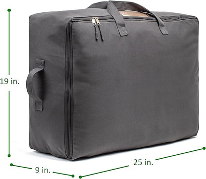 Soft Canvas Storage Bags with Zipper. Thick Breathable, 1pc King/Queen Comforter Organizer. Four Carrying Handles and Window. Large 25x19x9in Bag for Sheets Blankets Bedding Pillows, Clothes (Grey)