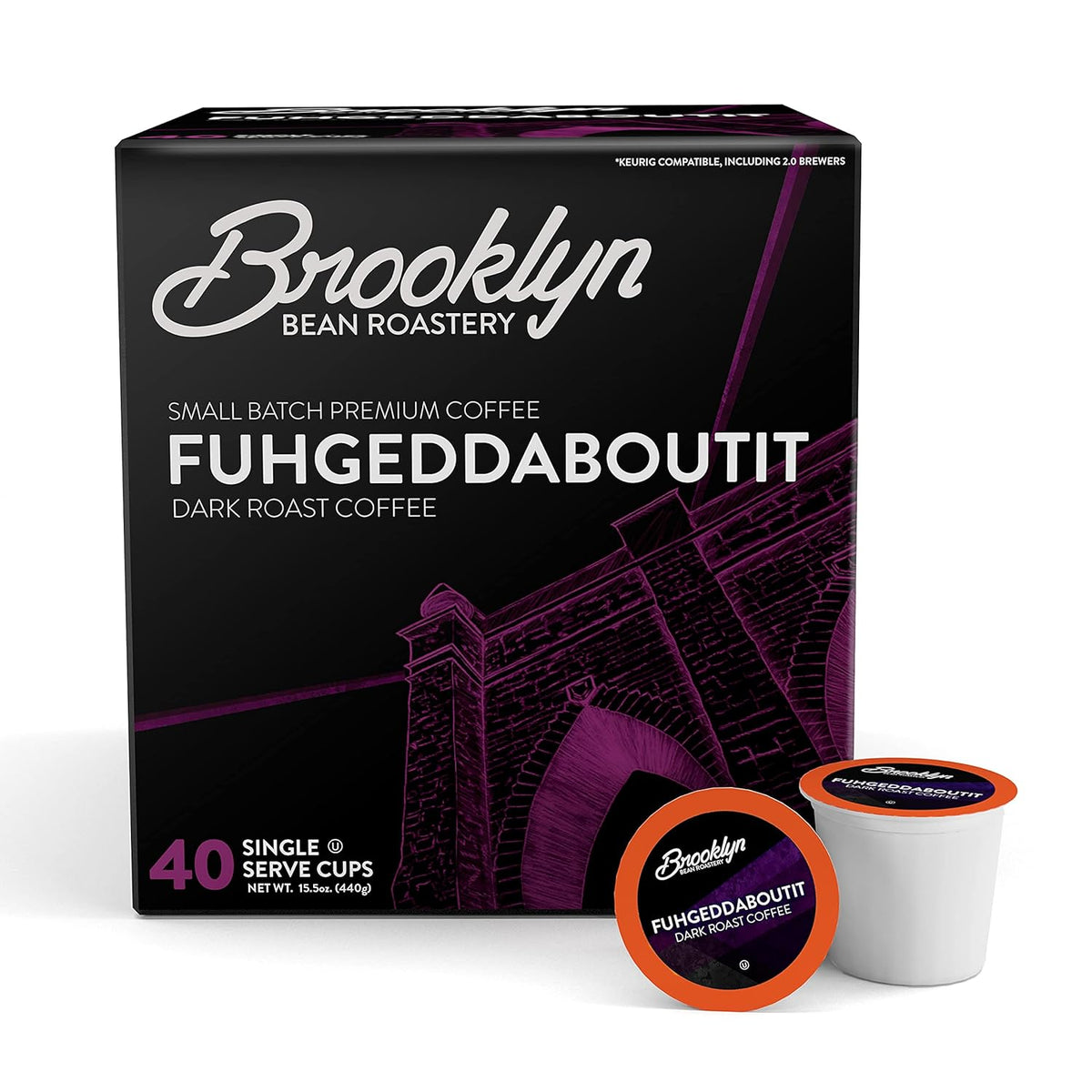 Brooklyn Beans Fuhgeddaboutit Gourmet Coffee Pods - Compatible with Keurig 2.0 K Cup Brewers, 40 Count, Bold and Rich Dark Roast