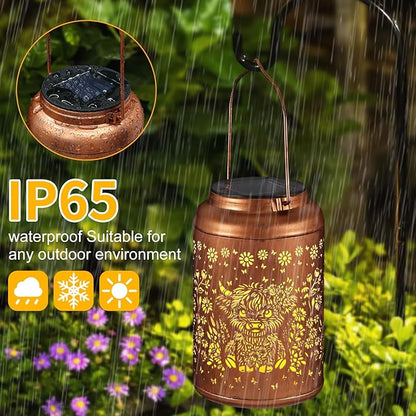 Solar Lanterns Outdoor Waterproof Garden Decor Birthday Gifts for Women Mom Grandma Hanging Solar Lights Metal Decoration Outside for Yard, Patio (Highland Cattle)