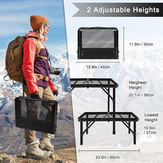 Grill Table Camping Table Portable Folding Table,Height Adjustable Collapsible with Mesh Desktop,Lightweight Metal Table for Camp, BBQ, Picnic, RV, Outdoor Cooking, Travel